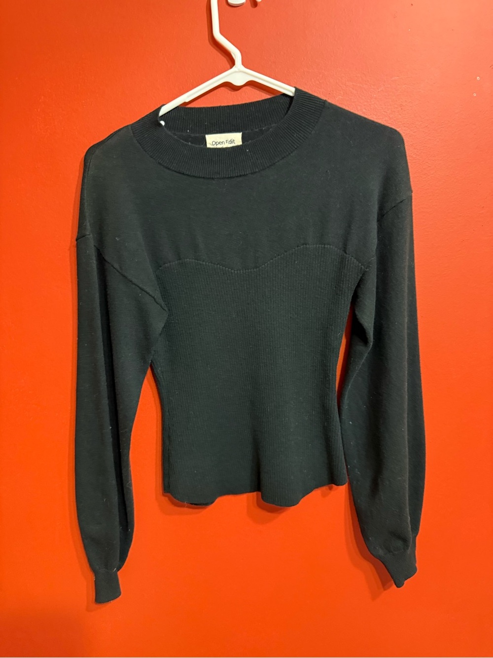 Open Edit Black Ribbed Long-Sleeve Crewneck Top